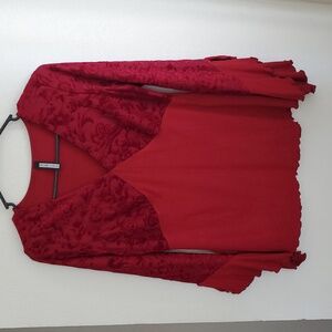 Women's Y2K Whimisigoth Witchy Vamp Burnout Velvet Bell Sleeve Dark Red Sz L